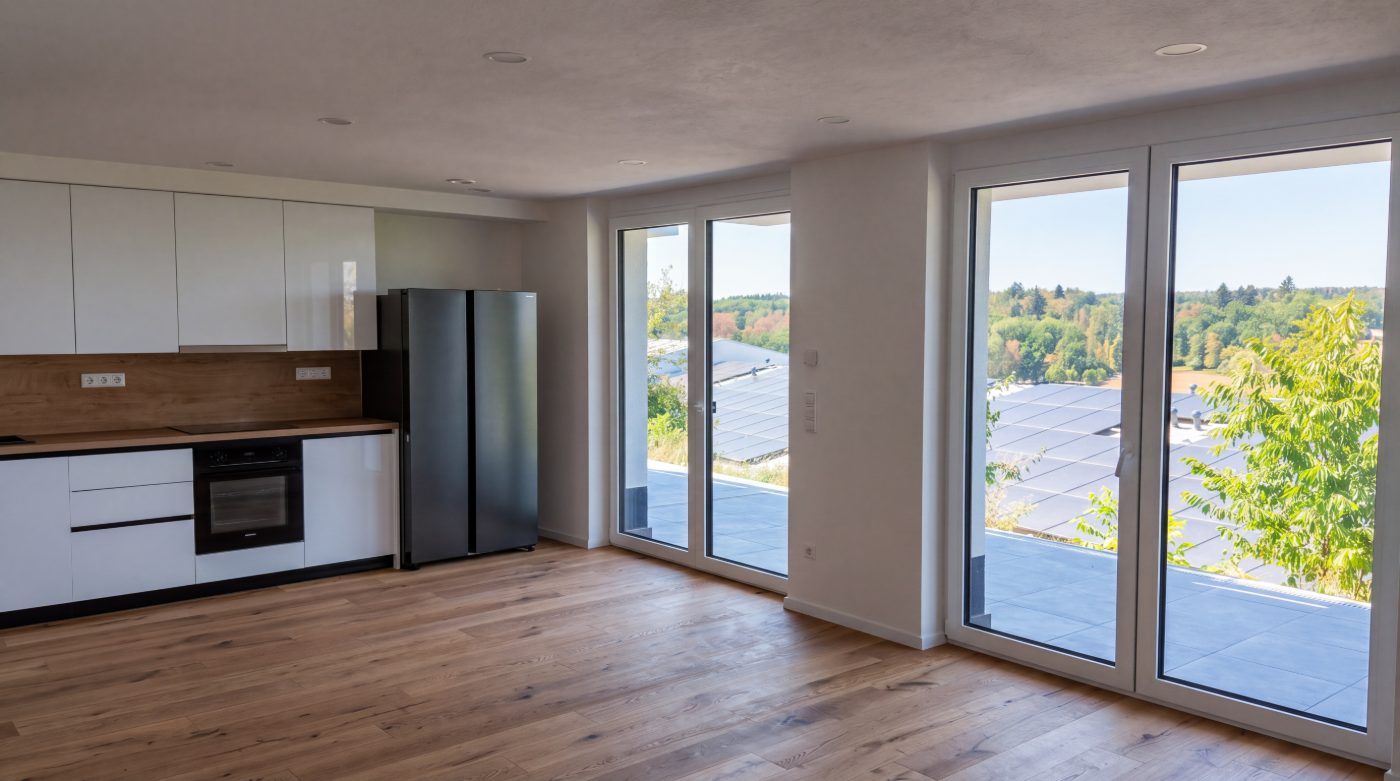 Wohnbereich mit offener Küche und Zugang zur Terrasse